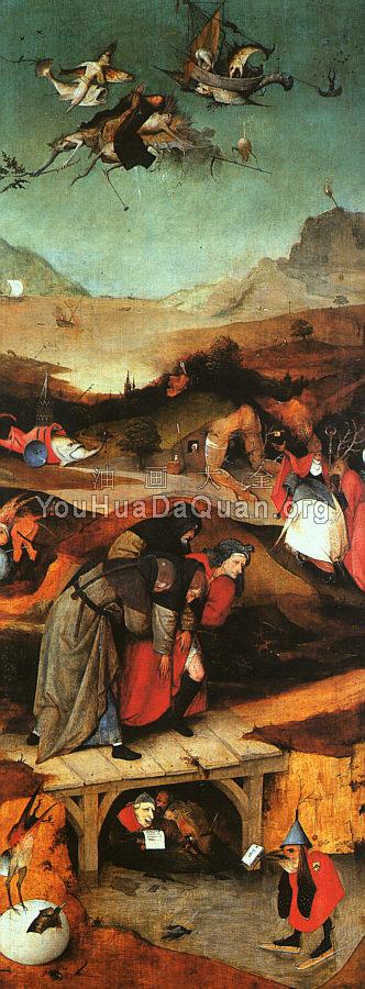 失败外逃的圣安东尼, 圣安东尼的诱惑三联画内左翼 - 希罗尼穆斯·波希